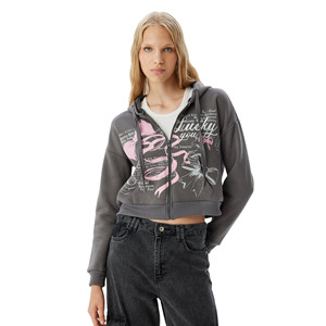 Sudadera con Capucha Corta y Elegante, Sudadera con Cremallera 100% Algodón Felpa, Sudadera Informal para Mujer con Serigrafía a Precio Económico - Product Image 4