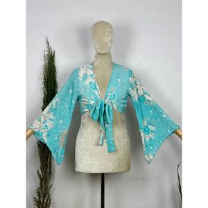 Bohemian Hippie Chic Long Bell Sleeve Wrap <b>Top</b> Front Tie Colorful Paisley Flower Pattern <b>Festival</b> Boho Fairy Goddess Chiffon - Product Image 1