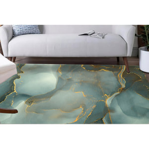 Tapis imprimé marbre vert : lavable en machine, scintillant, décoration moderne pour la maison, avec tapis à poils doux - Product Image 1
