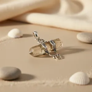 Pendentif Charme Solitaire en Argent 925 avec Cristal Citrine, Style Bohème Thème Géométrique, pour Usage Quotidien, Bijou Unisexe - Product Image 1