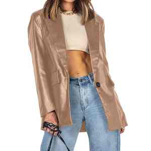 Mode féminine un bouton coupe ajustée à manches longues veste de costume couleur unie respirant toile peau de mouton cuir plaine teint poche - Product Image 2