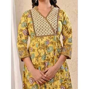 Vestido Largo Elegante Amarillo con Estampado Jaal de Algodón Crema para Mujer, Talla Única y 5XL, para Fiestas de Cumpleaños, Oficina, Trabajo, Clubes y Uso Diario - Product Image 2