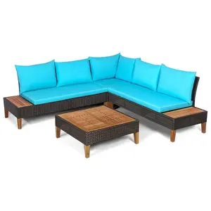 Quality coner Sofa set, PE black rattan, steel powder coating frame, Cushion 5 cm, acacia hardwood with teak oil finishing