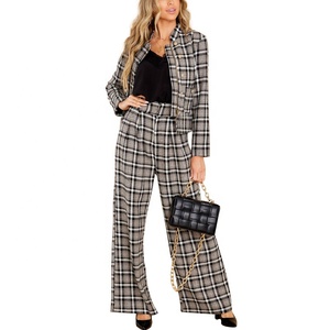 OEM personalizado trajes de moda y Blazer conjunto de las mujeres Casual elegante Plaid <span class=keywords><strong>Tweed</strong></span> blazer mujeres chaqueta y pantalones de pierna ancha conjunto de 2 <span class=keywords><strong>piezas</strong></span> - Product Image 2