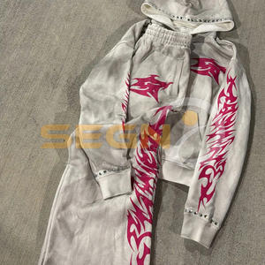 Chándales de rizo francés desgastados de alta calidad para hombres Puff estampado Streetwear algodón personalizado pantalones de chándal conjuntos con capucha - Product Image 2