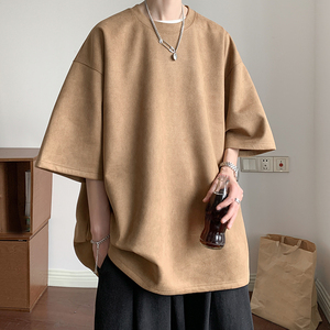 Camiseta de manga corta de verano para hombre, ropa de calle de cuello redondo de Color sólido inspirada en tallas de textura de gamuza holgada, camisetas para hombre de 2017 - Product Image 6