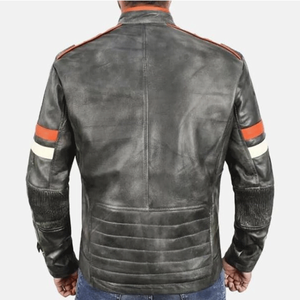Chaqueta gris para montar en motocicleta de cuero genuino para hombre, chaqueta de moto de cuero con paneles blancos y rojos para carreras de pista blindada CE para hombre - Product Image 3
