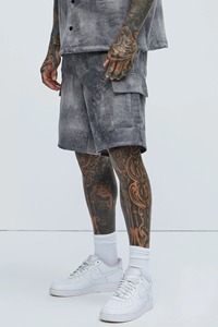 Compre verano Logotipo de impresión personalizada verano 2 piezas camisa con botones abajo y pantalones cortos conjunto transpirable sol se desvaneció lavado con ácido conjunto para los hombres - Product Image 5