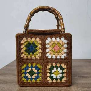 Vintage Crochet Zipper Polyester Shoulder <b>Bag</b> Woven <b>Patchwork</b> Flower Pattern Portable and Fashionable Suitable for Vacation - Product Image 1