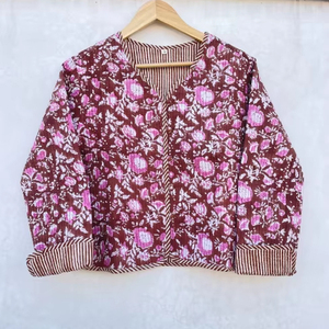 Blouson Bomber Réversible Automne/Hiver Vintage Fait Main en Coton Matelassé à Motifs Floraux Imprimés en Bloc pour Soirée - Product Image 1