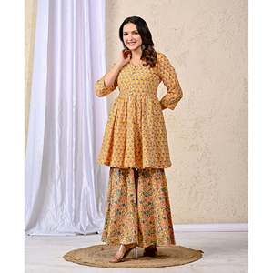 ชุดชาราร่าผ้าฝ้ายพิมพ์ลายสีเหลืองสำหรับผู้หญิง เสื้อแขนสามส่วน - Product Image 4