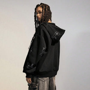 Sudadera con Capucha de Felpa para Mujer, con Pedrería, Cierre de Cremallera, Suave, Cálida, Transpirable, Estilo Urbano, Vintage, con Bordado y Parches - Product Image 3