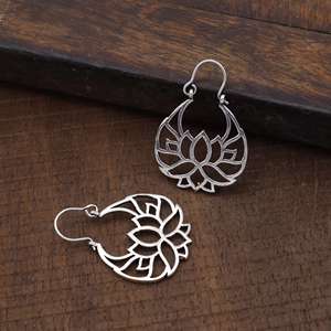 Boho Lotus <b>Hoop</b> <b>Earrings</b> Tribal Brass <b>Earrings</b> for Women <b>Silver</b> Plated Floral Design Wholesale <b>Earring</b> - Product Image 5