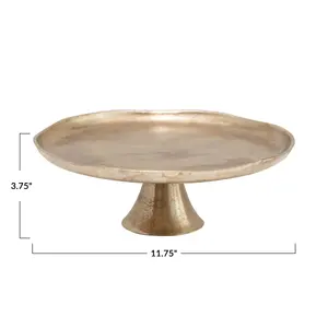 Bandeja de pedestal de soporte de pastel de metal dorado rústico Acabado antiguo Bandeja de metal en tonos dorados bellamente envejecida con una amplia superficie redonda - Product Image 5