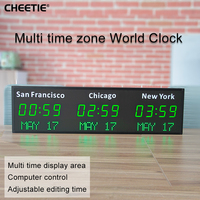 Reloj de Pared Digital con Zonas Horarias Mundiales de 3 Ciudades, con Fecha, Pantalla LED, Letras de Vinilo Personalizadas, Horario de Verano