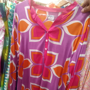 Túnica floral geométrica púrpura rosa brillante naranja estampado manga larga botón cuello verano Resort desgaste Vintage moda elemento frontal - Product Image 1