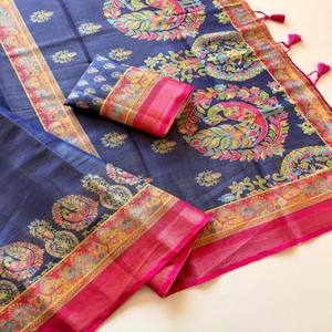 Sari en soie pure Zari VASTRA COTTAGE, tissage Zari complet avec bordure Zari, imprimé Kalamkari numérique, chemisier assorti - Product Image 6