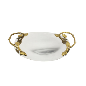 Plateau de service ovale en acier inoxydable de qualité supérieure avec poignées en feuille d'or pour la maison et les événements, parfait pour servir les aliments - Product Image 2