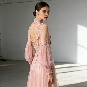 2026 Customizable Lavender Mesh Pink Dress with Floral Lace Elegant High Neck Long Sleeve Cocktail <b>Party</b> Dress for Women - Product Image 3