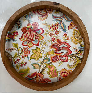 Plateau de service imprimé floral en bois avec poignée coupe émail de forme ronde coting plateau de service aspect brillant - Product Image 2