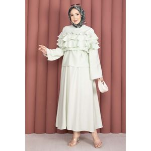 Conjunto de 2 Piezas para Mujer, Diseño Sólido, Tela Crepé, Talla XL, Cintura Imperio, Top Corto, Falda con Detalle de Volantes, Color Menta, para Club Nocturno - Product Image 3