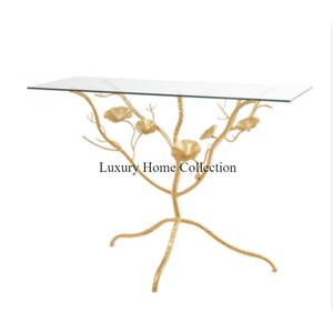 Table console forme rectangulaire dessus en verre et cadre de conception de feuille couleur or Design luxueux métal maison Tables décoratives approvisionnement - Product Image 1