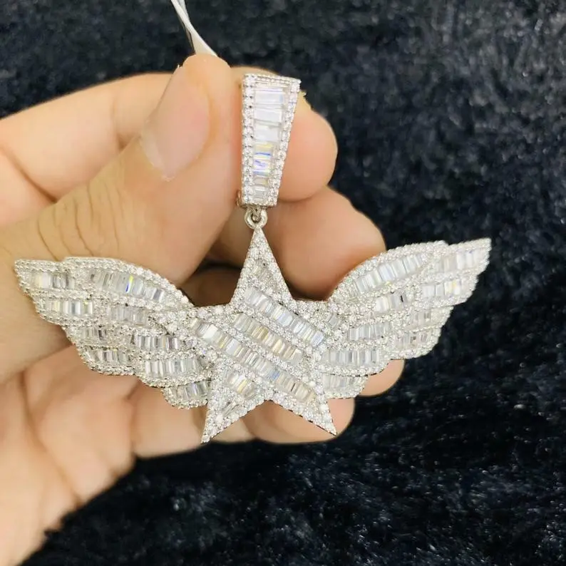 Buzlu out kadınlar yıldız kanat baget Moissanite elmas kolye 925 gümüş Hip Hop rapçi takı
