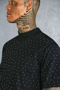 T-shirt d'été pour homme à col rond en tricot avec strass, couleur unie, écologique, polyester/coton, séchage rapide, respirant, haute qualité - Product Image 3