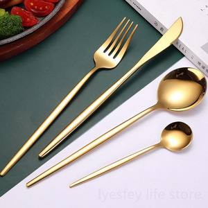 Inexpensive <b>Gold</b> Plated Modern Stainless Steel Portable Spoon Fork & Knife Set Stainless Steel Amazing New Design Round Handle - Product Image 5