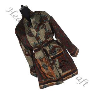 KS003 Chaqueta Kimono Sari Vintage de Seda Pura para Mujer Diseño Abstracto Tamaño Libre Ajustable para Verano - Product Image 6