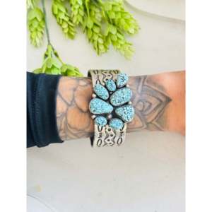 Charles Johnson High Grade Black Spiderweb Turquoise Cluster <b>Cuff</b> <b>Bracelet</b> with Sterling <b>Silver</b> Fashionable Accessory - Product Image 2