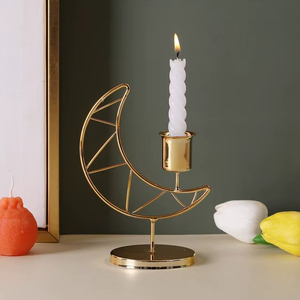 Gold Metal Crescent Moon <b>Taper</b> <b>Candle</b> Holder Islamic Ramadan Eid Decor Wedding Table Centerpiece Home Decoration Items Luxury Up - Product Image 1