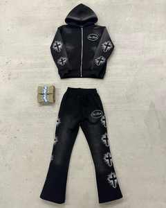 Conjunto Deportivo Unisex con Bordado Desgastado y Pedrería, Ropa Urbana Personalizada, Pantalones Deportivos Holgados con Lavado Ácido y Sudadera con Capucha - Product Image 4