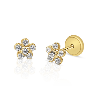 ต่างหูทองคำแท้ 9K ประดับดอกไม้และเพชรซิคอน (มีจำหน่ายในรุ่น 10K, 14K, 18K) สำหรับผู้หญิง เด็ก และเด็กเล็ก แบบหนีบหูและแบบเกลียวหลัง ผลิตในสเปน - Product Image 1