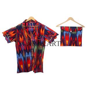 Ensemble de pyjama pour femmes à manches courtes imprimé numérique élégant et respirant fait à la main en gros 100% coton pur imprimé ikat été automne - Product Image 3