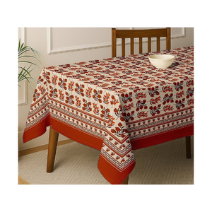 Rust Red Floral Cotton <b>Tablecloth</b> Traditional Botanical Print Contrast Border <b>Rectangle</b> Dining Cover Indian Manufacturer Bulk - Product Image 1