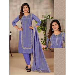 Ensemble Kurti, pantalon et dupatta brodés confortables pour femmes, longueur genou, en pur coton, style indien et pakistanais, vente en gros - Product Image 2