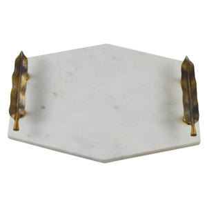 Trendsetting Handmade Natural/<b>Gold</b> Marble & Aluminium <b>Serving</b> <b>Tray</b> with Leaf Handles Custom Size for Home Hotel & Restaurant Use - Product Image 3