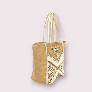 Light Brown And <b>White</b> Handcrafted Jute <b>Handbag</b> - Product Image 3