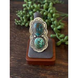 Bague ajustable style bohème, faite main Navajo, en argent sterling avec incrustation de pierre taillée en turquoise Thunder Mountain, pour usage quotidien - Product Image 1