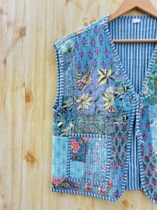 Chaleco bohemio Vintage para mujer, abrigo 100% de algodón hecho a mano Hippie Patchwork acolchado, cierre de doble botonadura, bolsillos bordados - Product Image 2