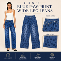 Jean large pour femme à motif patte de chien bleue, pantalon en denim à taille haute, vente en gros sous marque privée pour les boutiques européennes et américaines