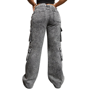 Jean cargo décontracté pour femme, taille mi-haute, coupe régulière, en denim délavé, 100% coton, respirant, séchage rapide, style streetwear uni - Product Image 2
