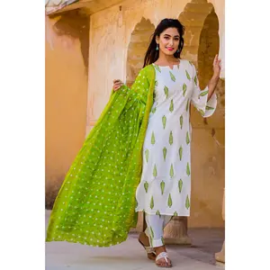 Conjunto de Kurta de Algodón Blanco con Estampado para Oficina y Uso Casual para Mujer - Product Image 1