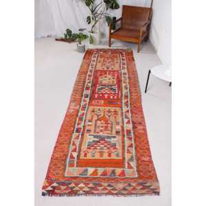 3.2x9.5 ft Turkish Rug, Kilim Rug, <b>Red</b> Camouflage Rug <b>Wool</b> - Product Image 1
