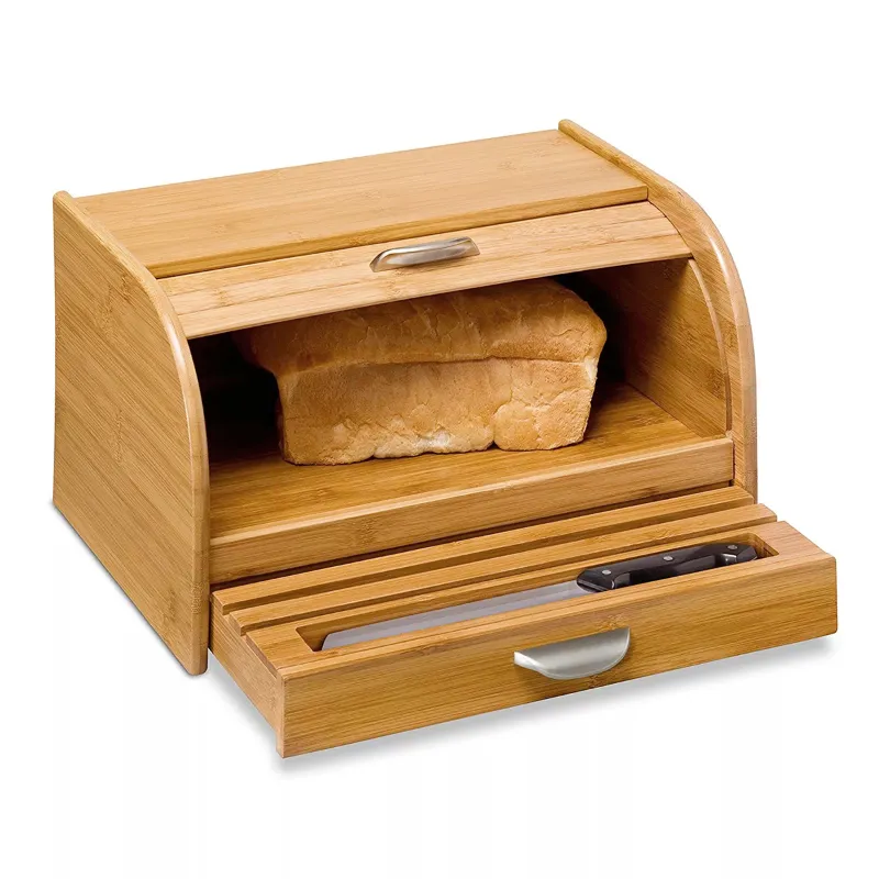 Оптовая продажа, 100% экологичный Настольный бамбуковый ящик для хранения хлеба, органайзер с разделочной доской, лоток для хлеба, ящик для ножа