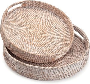 Handmade Attractive Round Rattan Serving <b>Tray</b> <b>Table</b> Elegant Decorative Food Storage Platter With Handles for Kitchen & Bathroom - Product Image 3