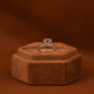 Fashionable Solitaire Blue <b>Emerald</b> Cut Lab Grown Diamond With Tiny Round Cut Diamond Halo Engagement <b>Ring</b> in 18KT Solid Gold - Product Image 4