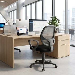 Atlanta Modern Executive Office <b>Chair</b> <b>Grey</b>/Black Mesh Ergonomic Staff Style Adjustable Headrest PA Aluminium Fabric PU Plastic - Product Image 2
