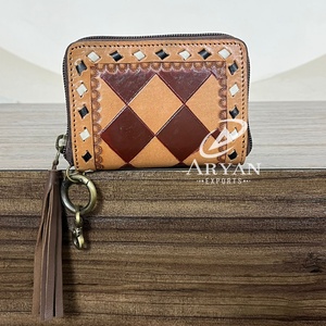 Mode petit porte-monnaie en cuir à carreaux usiné à la main en cuir de vachette Mini portefeuille porte-cartes multiples porte-monnaie à fermeture éclair pour les femmes - Product Image 1